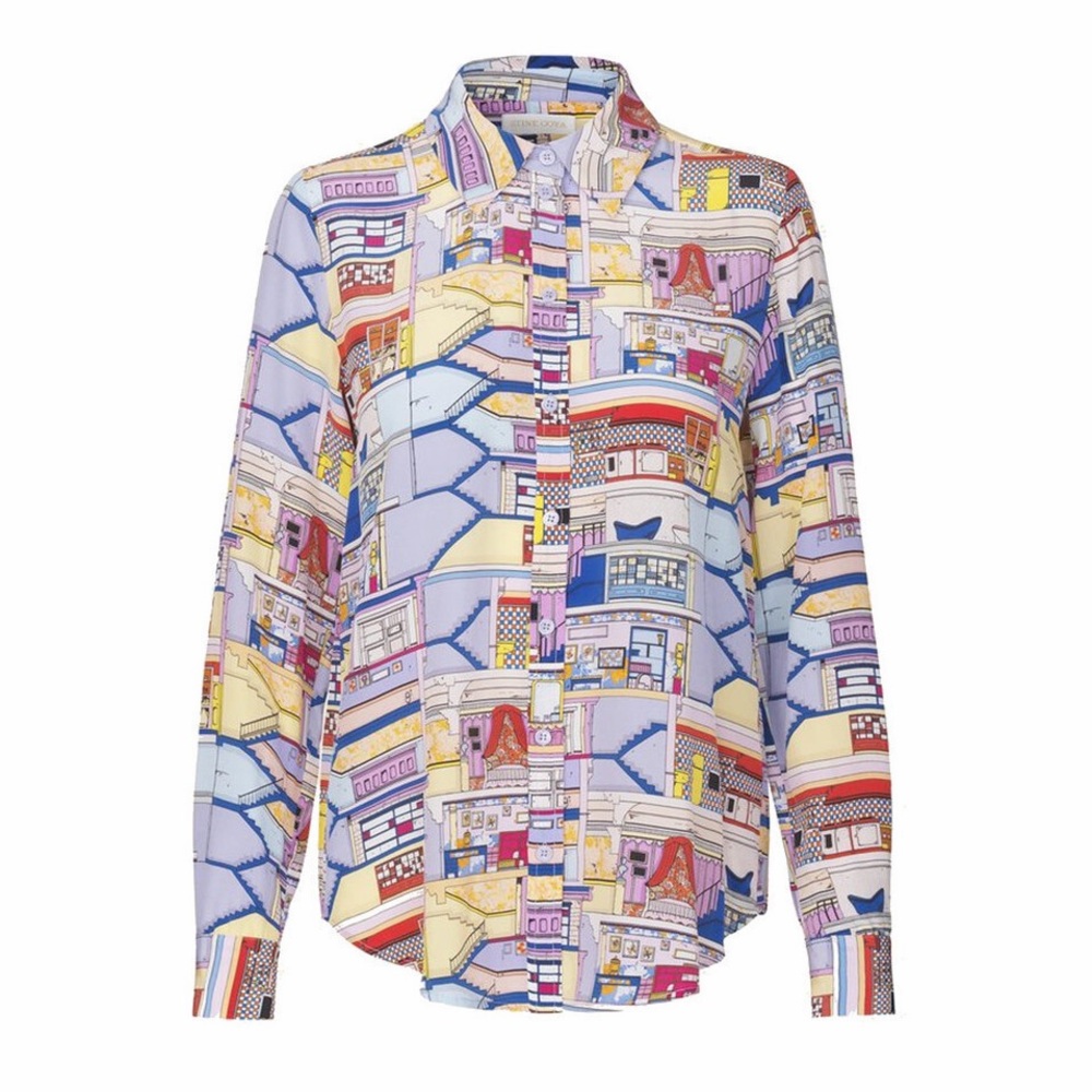 Stine Goya Maxwell Palazzo Doll House Print Silk Shirt Top Pastel Stairs Room M